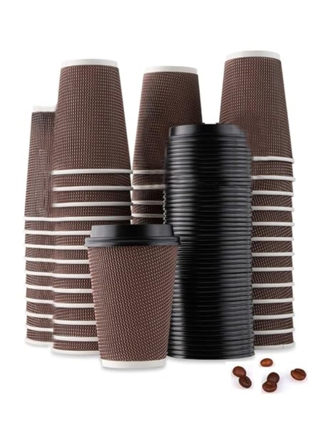 50 Pcs Drinking  Disposable Coffee Cup Insulation Spiral Embossed Paper Cups with Lids (8 oz, brown cups with black lids) - Image 1