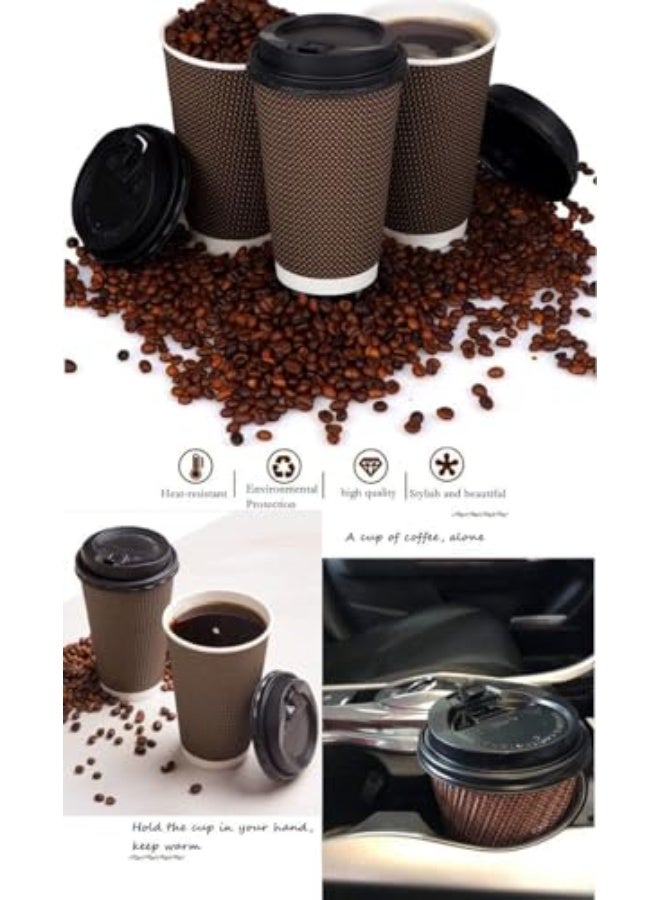 50 Pcs Drinking  Disposable Coffee Cup Insulation Spiral Embossed Paper Cups with Lids (8 oz, brown cups with black lids) - Image 4