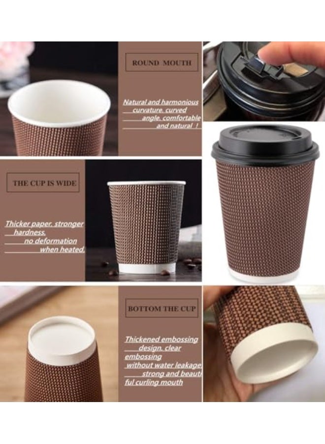 50 Pcs Drinking  Disposable Coffee Cup Insulation Spiral Embossed Paper Cups with Lids (8 oz, brown cups with black lids) - Image 3