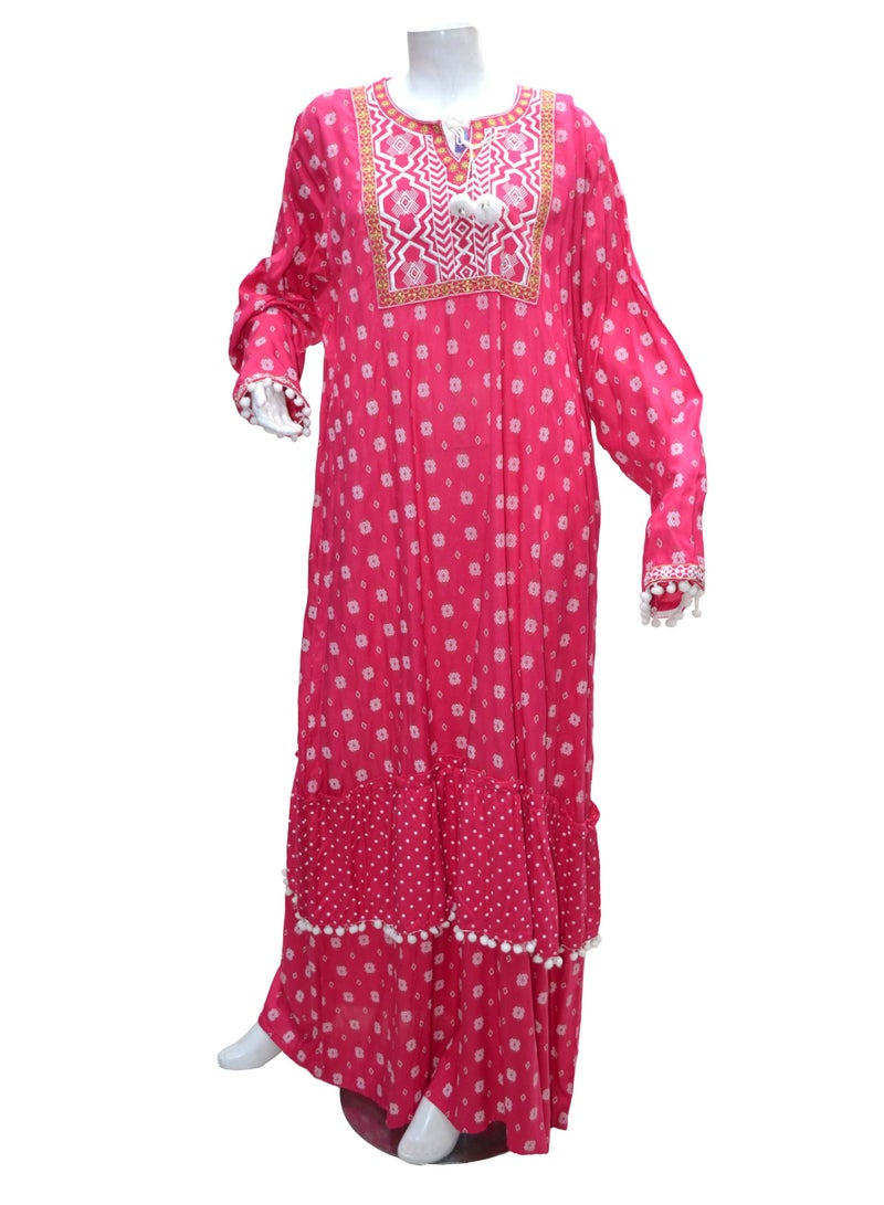 زينة فستان ماكسي نسائي مطبوع بأسلوب بوهيمي - قماش فيسكوز وريون ناعم - تطريز أنيق عند الصدر وجلابية بأكمام طويلة