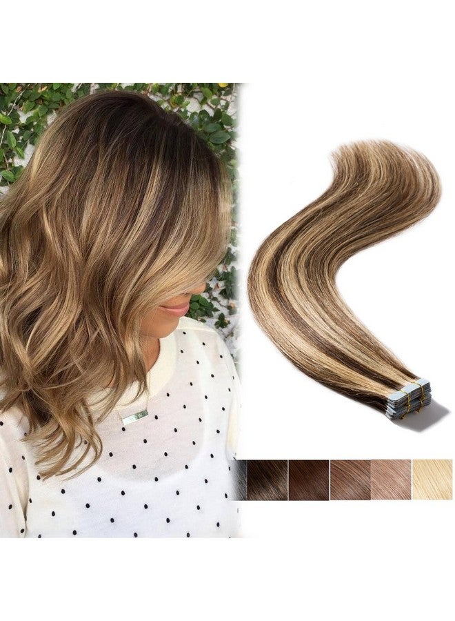 Benehair Remy Tape In Hair Extensions Human Hair Medium Brown&Dark Blonde Seamless Skin Weft Tape In Real Human Hair Extensions Straight Hair 12 Inch 20G 4P27 20 Pcs - Image 1