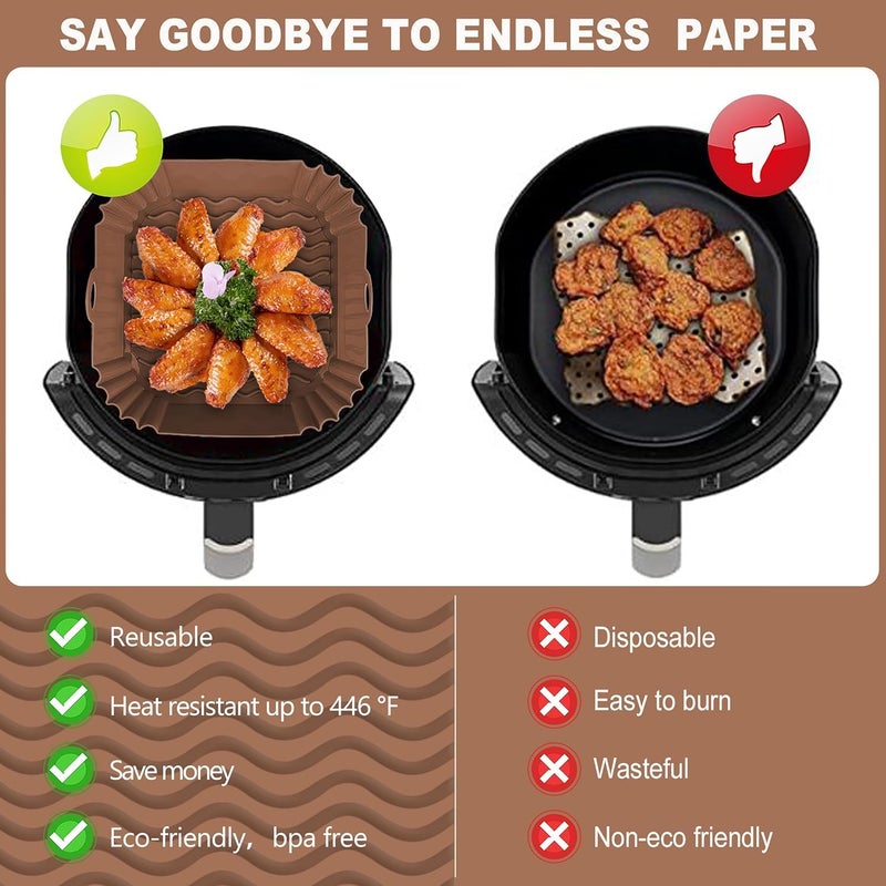 Boribim 2 PCS Square Silicone Air Fryer Liners - 8 Inch Reusable Air Fryer Pot - Air Fryer Accessories - Air Fryer Inserts for 4 to 7 QT Oven Microwave Accessories (Black + Brown) - Image 3