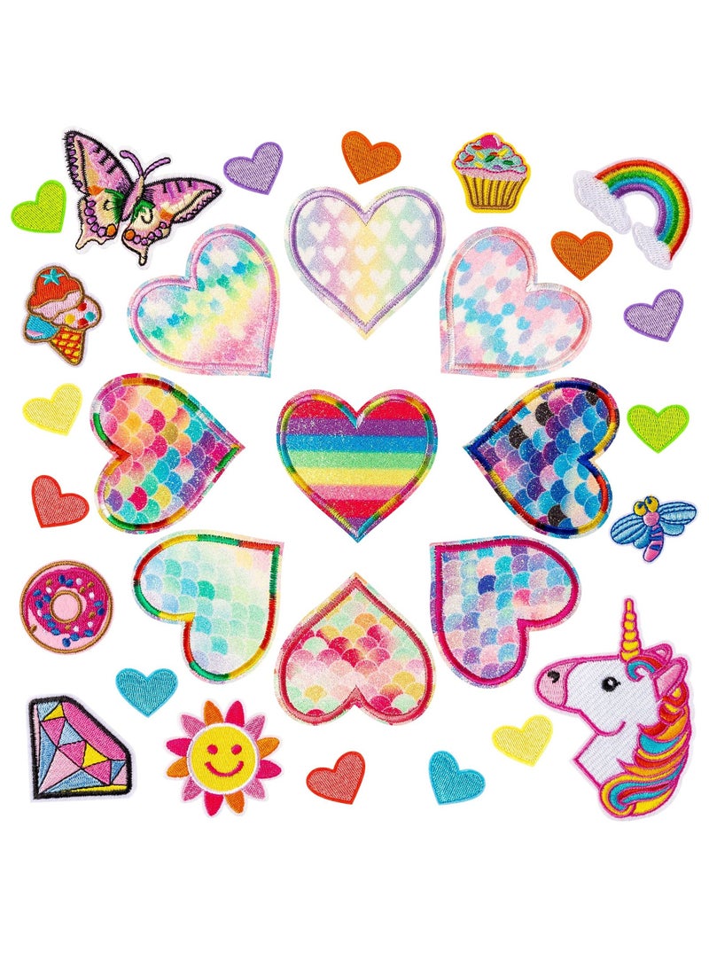 KASTWAVE Iron On Patches for Clothing, 30Pcs Colorful Kids Heart Shape Iron on Patches, Fashion Girl Embroidered Patches Sew on Embroidered Applique DIY Accessory for Backpack Clothes Dress Pants Hats - Image 1