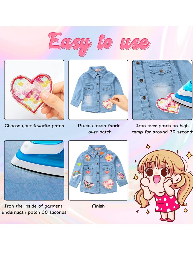 KASTWAVE Iron On Patches for Clothing, 30Pcs Colorful Kids Heart Shape Iron on Patches, Fashion Girl Embroidered Patches Sew on Embroidered Applique DIY Accessory for Backpack Clothes Dress Pants Hats - Image 3