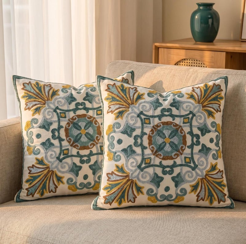 CozyNook Cushion Cover 45 X 45cm, Embroidered Throw Pillow Covers for Garden Lounge, Sofa, Living Room, Bedroom, Home Decor Floral Pattern without Pillow Pack of 2 (Classic) - Image 1