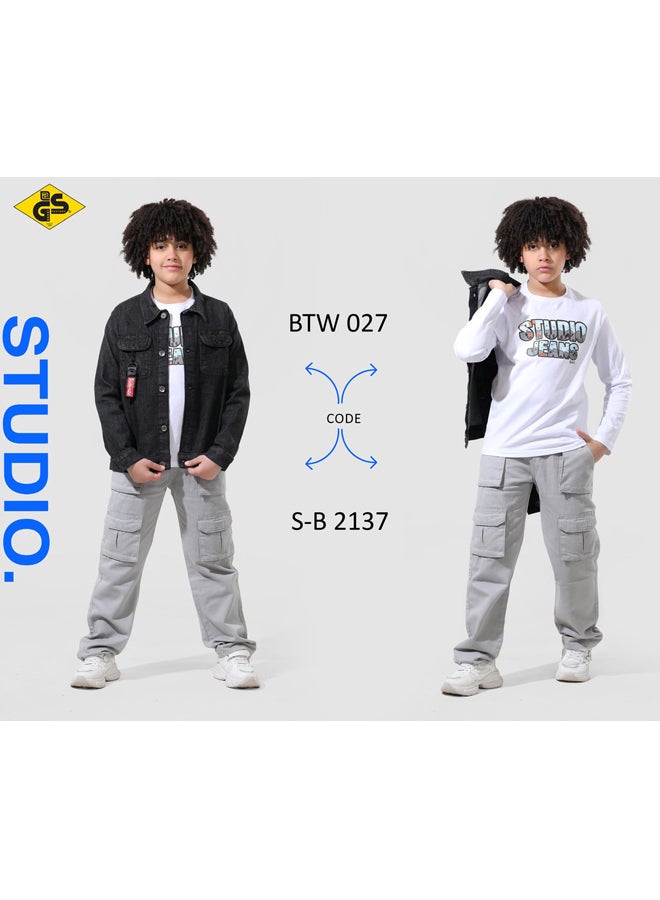 قميص جاباردين خريفي للأولاد مع تيشيرت قطني بأكمام طويلة