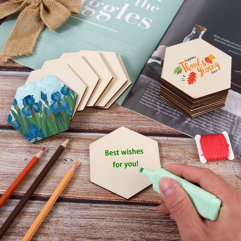 AWIZOM 100 Pcs Unfinished Hexagon Wood Pieces Blank Wooden Hexagon Shape Cutouts Natural Wooden Tile Slabs Cutouts Slices for DIY Crafts Coaster Holiday Wall Home Decoration Painting Staining,3.5 x 3.1 Inch - Image 3