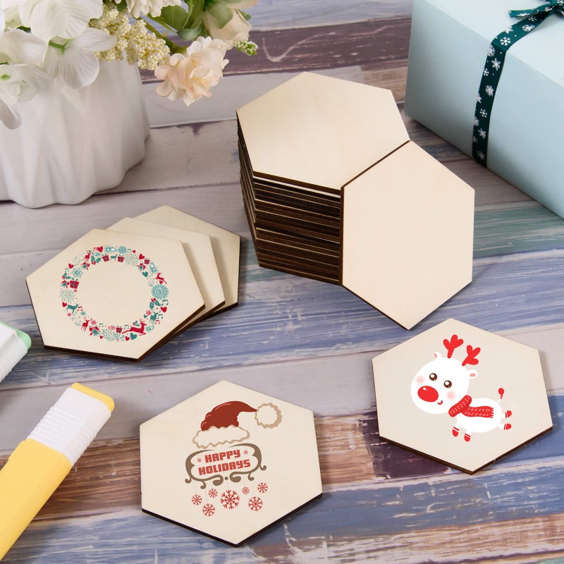AWIZOM 100 Pcs Unfinished Hexagon Wood Pieces Blank Wooden Hexagon Shape Cutouts Natural Wooden Tile Slabs Cutouts Slices for DIY Crafts Coaster Holiday Wall Home Decoration Painting Staining,3.5 x 3.1 Inch - Image 5