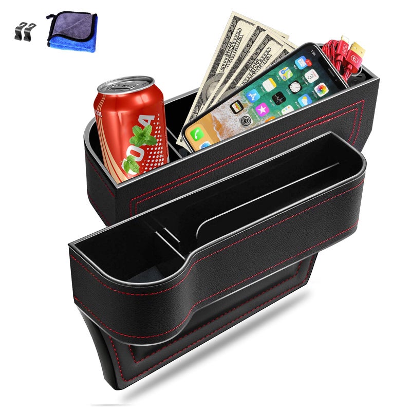 Jiaji Car Seat Gap Filler Organizer, 2 Pack Multifunctional Car Seat Organizer, Auto Console Side Storage Box with Cup Holders 2 Seat Hooks for Drink, Car Organizer Front Seat for Holding Phone, Sunglasses - Image 1