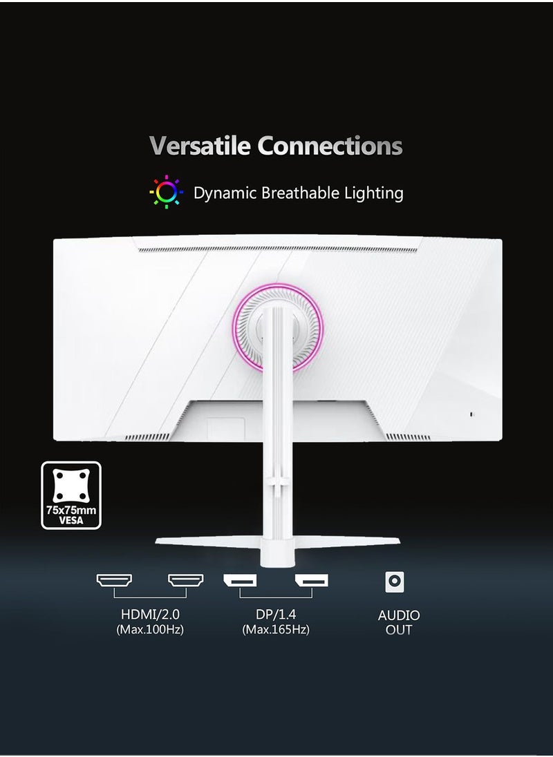 HILUKE - 34-Inch Curved Gaming Monitor UWQHD 3440 x 1440 165Hz 1ms(MPRT), HDR, sRGB 125%, Support Wallmount 75x75mm,Curved Computer Screen with FreeSync,HDMI2.1(TMDS) x2,DP1.4 x2 White - Image 1