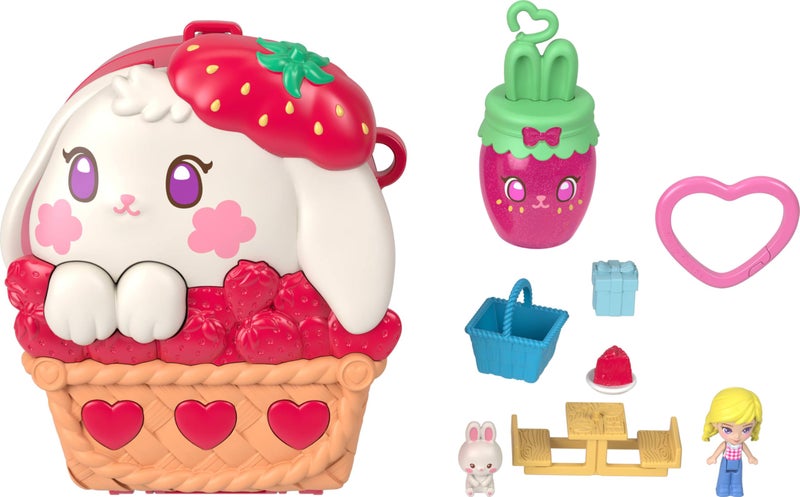Polly Pocket Dolls and Playset, Strawberry Picnic Bunny Compact, Travel Toy with 1 Micro Doll, Pet, Fruit Themed Accessories - Image 1