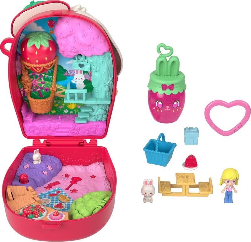 Polly Pocket Dolls and Playset, Strawberry Picnic Bunny Compact, Travel Toy with 1 Micro Doll, Pet, Fruit Themed Accessories - Image 2