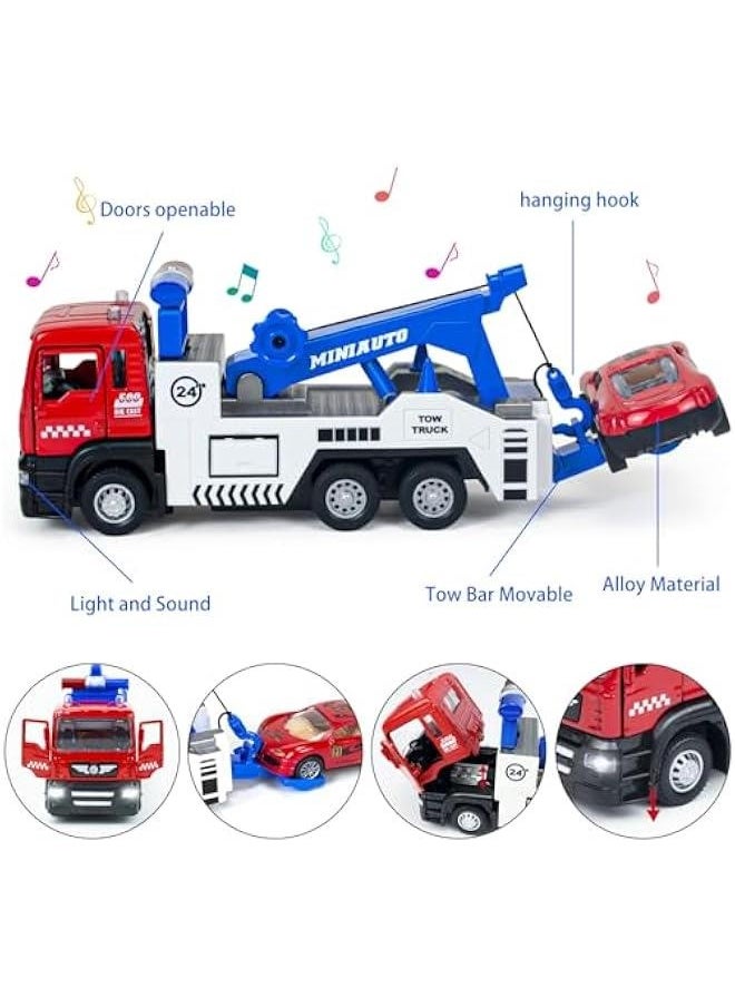 Generic - Diecast Tow Truck Toy- Pull Back Truck Vehicles with Lights & Sound and 2Pcs Mini Toy Cars Carrier Truck Toys, Metal Tow Truck and Trailer Toy for Boys Age 3 4-7 8 9 Years Old - Image 1