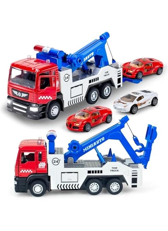 Generic - Diecast Tow Truck Toy- Pull Back Truck Vehicles with Lights & Sound and 2Pcs Mini Toy Cars Carrier Truck Toys, Metal Tow Truck and Trailer Toy for Boys Age 3 4-7 8 9 Years Old - Image 1