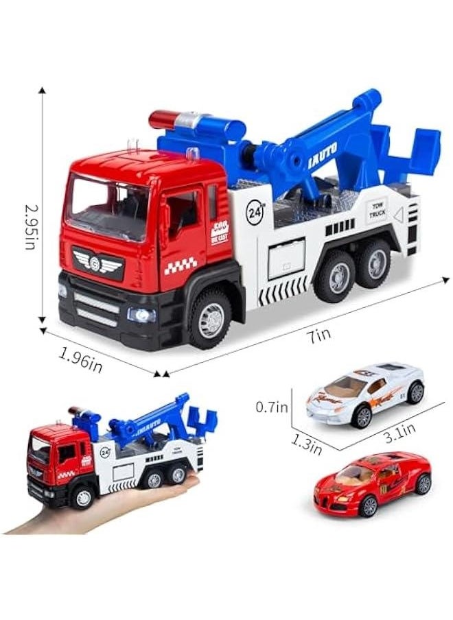 Generic - Diecast Tow Truck Toy- Pull Back Truck Vehicles with Lights & Sound and 2Pcs Mini Toy Cars Carrier Truck Toys, Metal Tow Truck and Trailer Toy for Boys Age 3 4-7 8 9 Years Old - Image 1