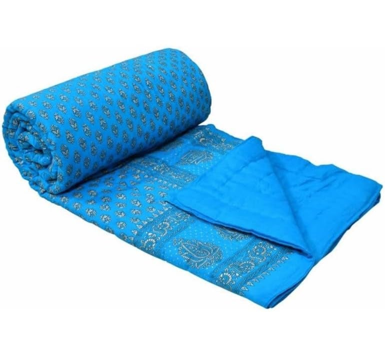 Ahnef Furnishing Jaipuri Light 400 TC Weight Pure Cotton Traditional Rajasthani Print Single Bed QuiltRazaiRajai Indigo Single Bed 85 x 55 Inches Sky Blue Gold - Image 1