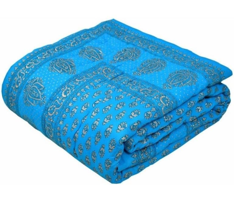 Ahnef Furnishing Jaipuri Light 400 TC Weight Pure Cotton Traditional Rajasthani Print Single Bed QuiltRazaiRajai Indigo Single Bed 85 x 55 Inches Sky Blue Gold - Image 2