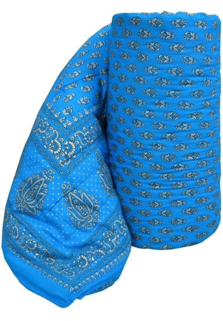 Ahnef Furnishing Jaipuri Light 400 TC Weight Pure Cotton Traditional Rajasthani Print Single Bed QuiltRazaiRajai Indigo Single Bed 85 x 55 Inches Sky Blue Gold - Image 3