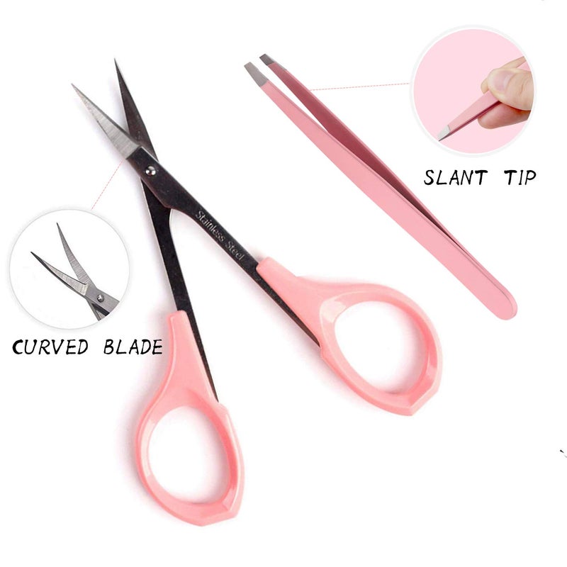 HiMo 4" Curved Craft Scissors Stainless Steel Unisex Eyebrow Kit Eyebrow Scissors, Slant Tweezers And Eyebrow Brush for Eyebrow Eyelash Extensions Pink Set - Image 2