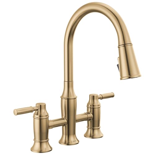 Delta Renaldi Brushed Gold Kitchen Faucet with Pull Down Sprayer Bridge 3 Hole Modern Kitchen Sink Faucet TwoHandle Lumicoat Champagne Bronze 2384LCZPRDST