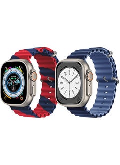 Silicone Ocean Band Strap for Apple Watch Ultra 8 49mm Red/Blue Double Line Strap with Navy Blue/Blue Double Side Strap Set of 2