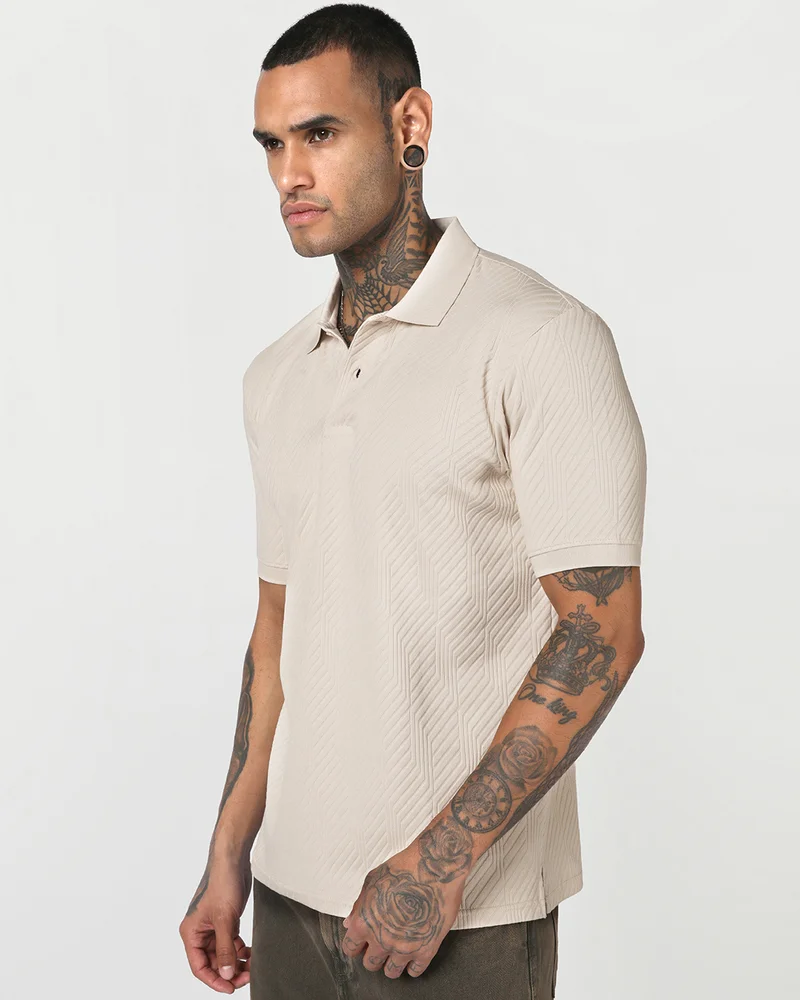 بيواكوف Men's Beige Textured Polo T-shirt