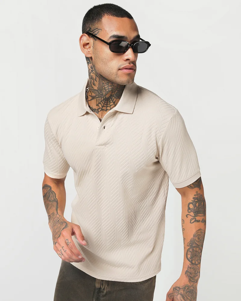 بيواكوف Men's Beige Textured Polo T-shirt