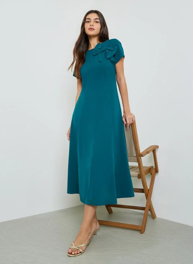 تايك تو Teal Bow Decor A-Line Midi Dress