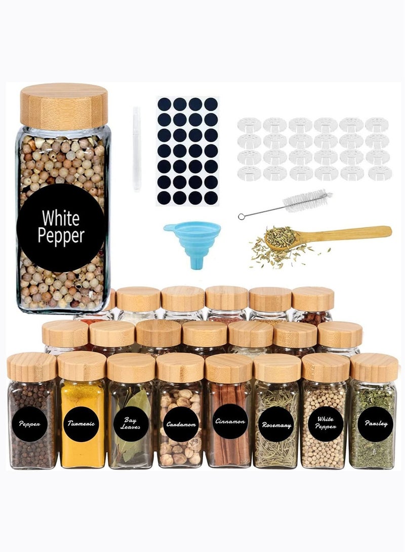 Spice Jars with Labels, 4 oz Glass Spice Jars with Lids, Spice Box set with Stickers, Collapsible Funnel, Pens (24 PCS Bamboo Lid) (24 PCS Bamboo Lid) - Image 1