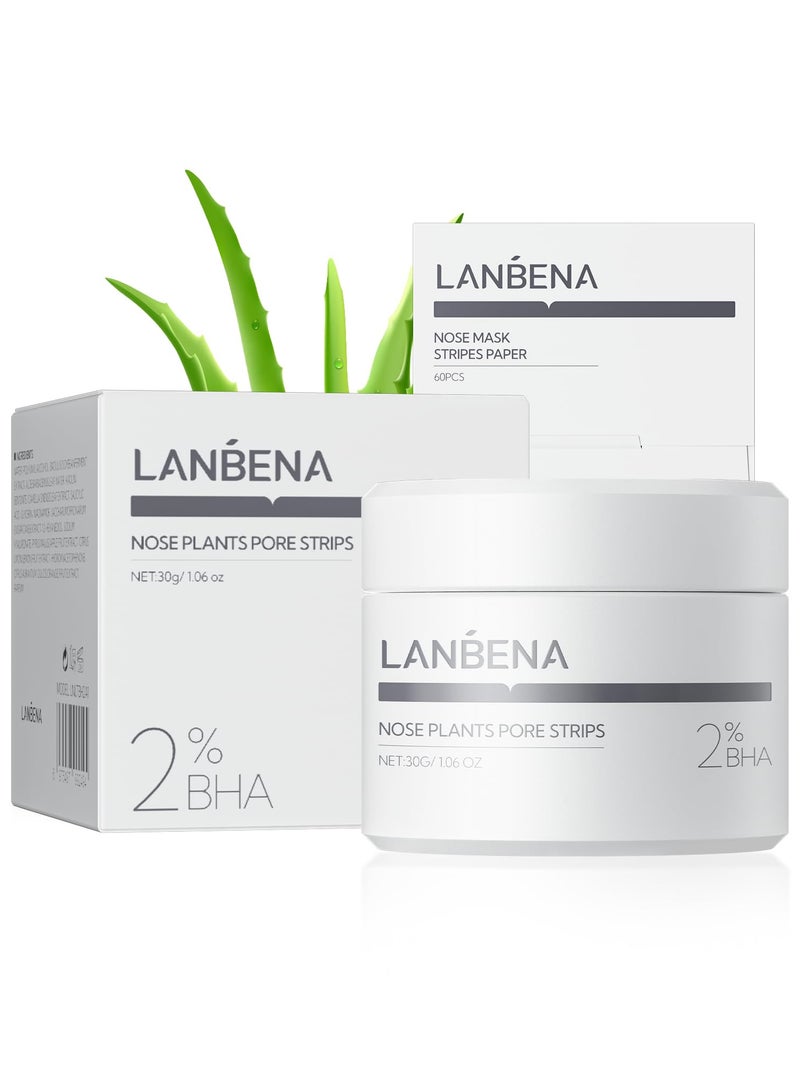 لان بينا مزيل الرؤوس السوداء الجديد 2.0، شرائط مسام الأنف النباتية، قناع تقشير عميق التنظيف مع حمض الساليسيليك، طين أبيض أمازوني، 60 قطعة من شرائط الأنف لإزالة الرؤوس السوداء من الوجه 30 جم - Image 1