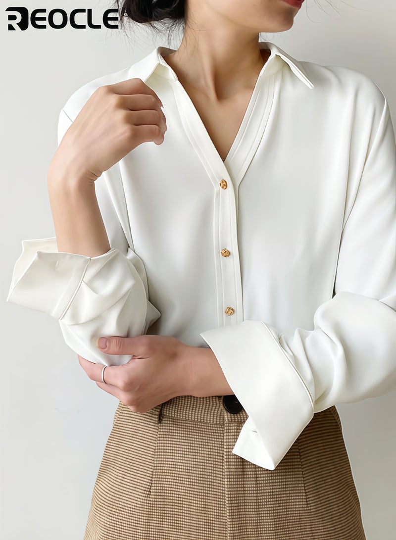 REOCLE Women's V-Neck Shirt with Long Sleeve Design and Retro Metal Button Detail Flowy Blouse with Dropped Shoulder for Autumn Vintage Style - Image 3