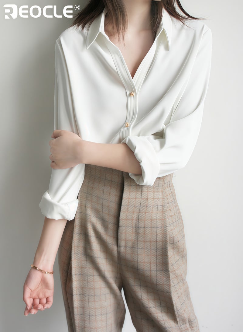 REOCLE Women's V-Neck Shirt with Long Sleeve Design and Retro Metal Button Detail Flowy Blouse with Dropped Shoulder for Autumn Vintage Style - Image 2