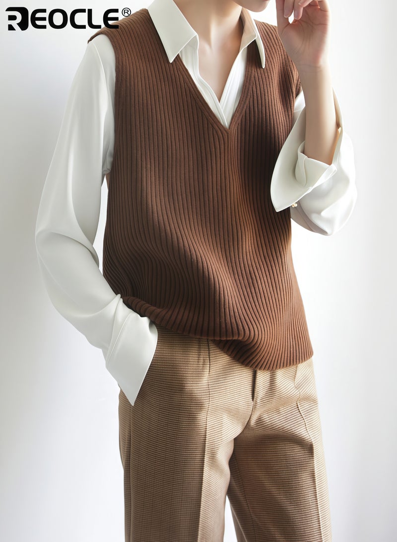 REOCLE Women's V-Neck Shirt with Long Sleeve Design and Retro Metal Button Detail Flowy Blouse with Dropped Shoulder for Autumn Vintage Style - Image 5