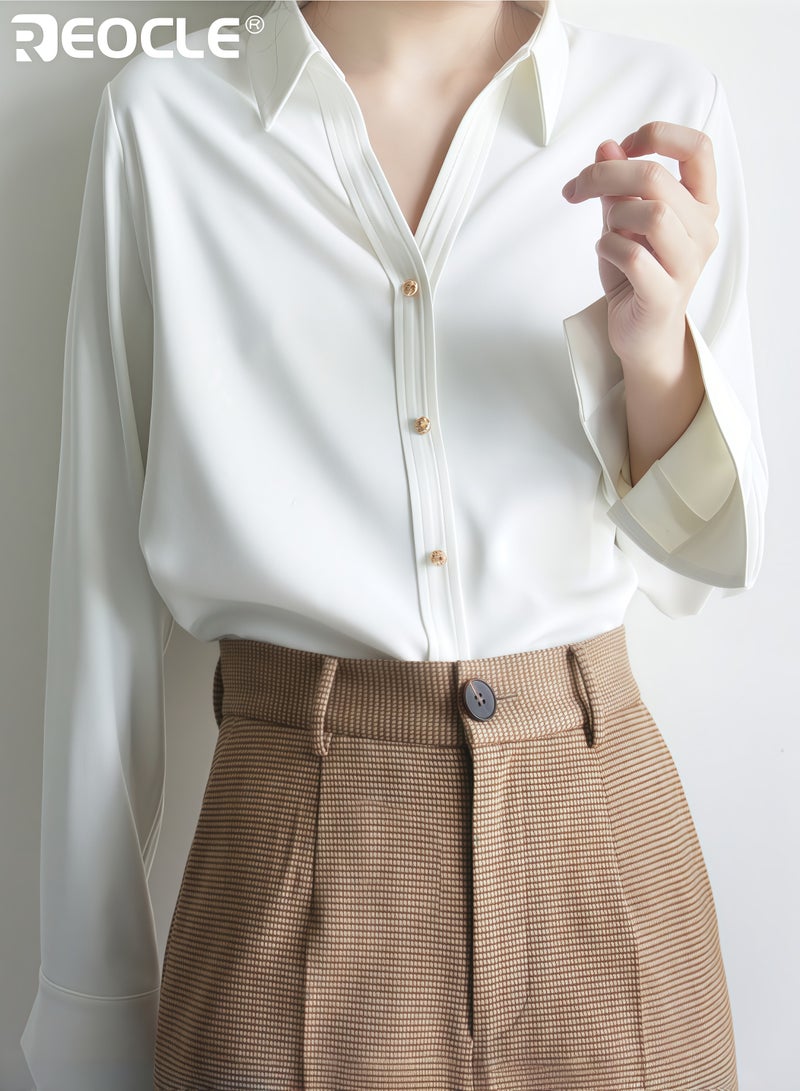 REOCLE Women's V-Neck Shirt with Long Sleeve Design and Retro Metal Button Detail Flowy Blouse with Dropped Shoulder for Autumn Vintage Style - Image 1