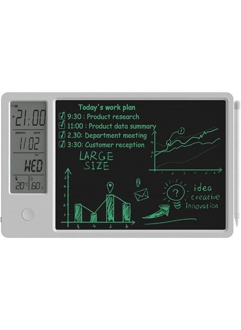 Electronic Desktop Calendar Rechargeable Writing Memo Message Board Notepad With Digital Clock Date Time Week Indoor Temperature Display 9.5Inch Drawing Pad For Office Home Business Decor White