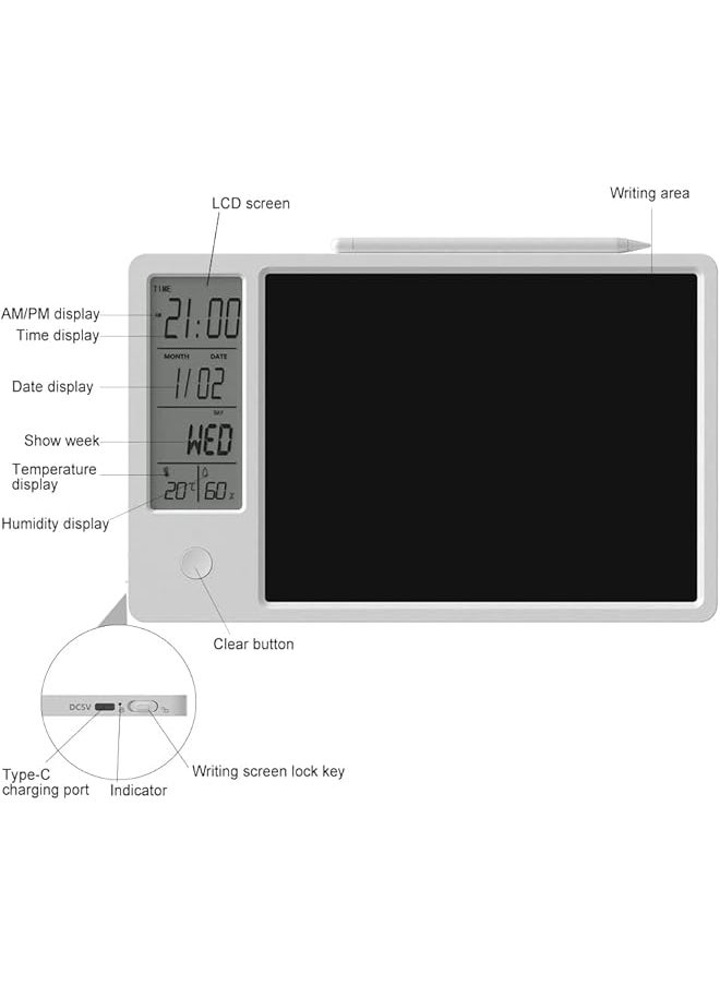 Electronic Desktop Calendar Rechargeable Writing Memo Message Board Notepad With Digital Clock Date Time Week Indoor Temperature Display 9.5Inch Drawing Pad For Office Home Business Decor White