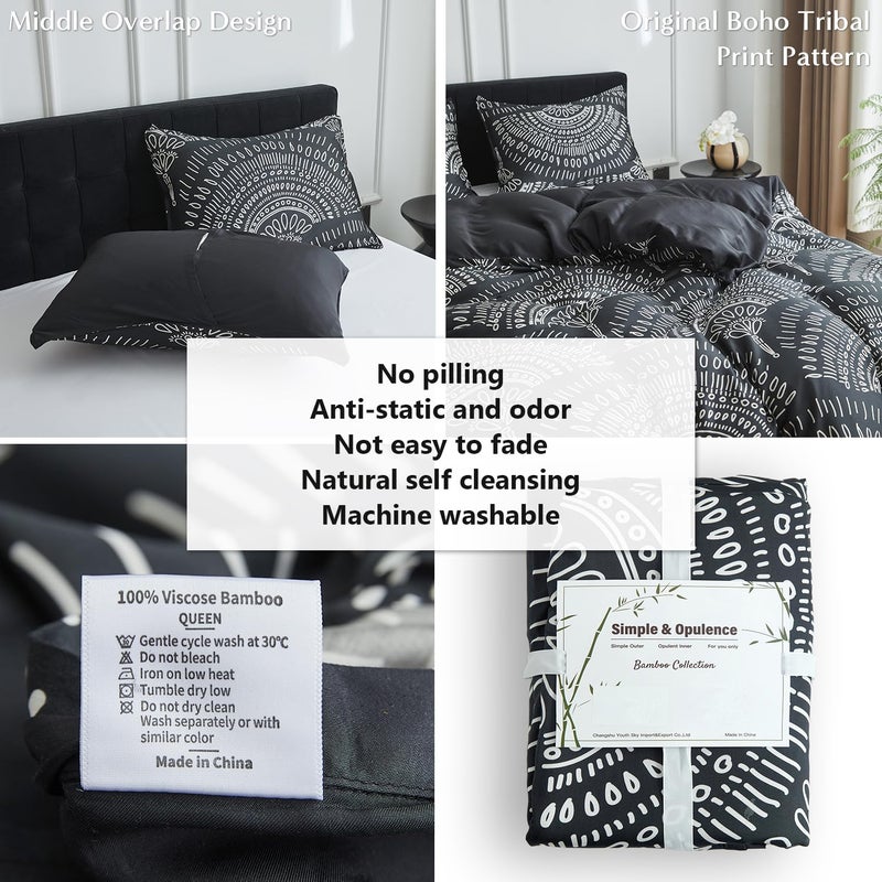 Simple&Opulence Boho Cooling Duvet Cover Set, 3Pcs Aztec Luxury Tribal Geometric Pattern Comforter Cover Set, Soft Breathable Bedding for Hot Sleepers(Black, Queen) - Image 4