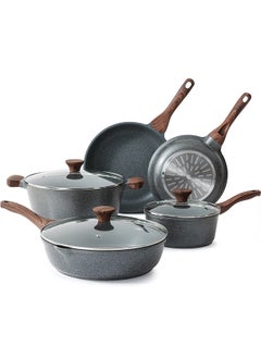 8 Piece Swiss Granite Coating Cookware Set With Wooden Handles, Non-Stick, PFOA/PFOS/APEO Free, Dishwasher & Oven Safe, 1X24Cm Fry Pan, 1X 28Cm Fry Pan, 1X28Cm Casserole With Lid, 1X30Cm Deep Frying Pan With Lid, 1X20Cm Sauce Pan 20Cm With Lid, Black