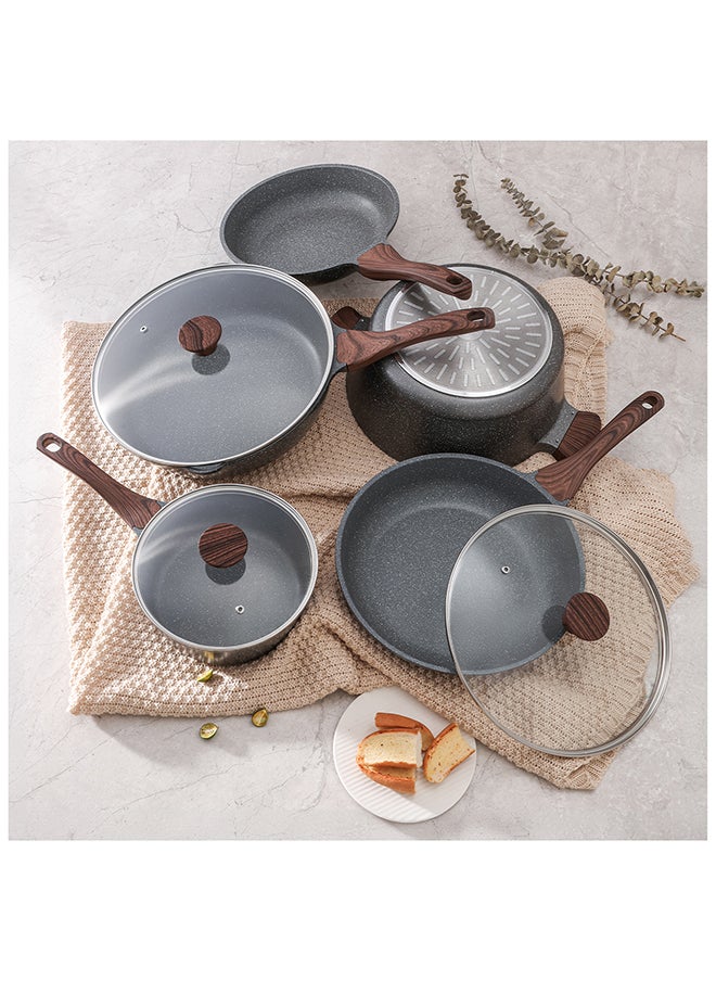Sensarte - 8 Piece Swiss Granite Coating Cookware Set With Wooden Handles, Non-Stick, PFOA/PFOS/APEO Free, Dishwasher & Oven Safe, 1X24Cm Fry Pan, 1X 28Cm Fry Pan, 1X28Cm Casserole With Lid, 1X30Cm Deep Frying Pan With Lid, 1X20Cm Sauce Pan 20Cm With Lid, Black - Image 1