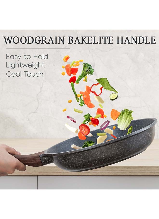 Sensarte - 8 Piece Swiss Granite Coating Cookware Set With Wooden Handles, Non-Stick, PFOA/PFOS/APEO Free, Dishwasher & Oven Safe, 1X24Cm Fry Pan, 1X 28Cm Fry Pan, 1X28Cm Casserole With Lid, 1X30Cm Deep Frying Pan With Lid, 1X20Cm Sauce Pan 20Cm With Lid, Black - Image 1