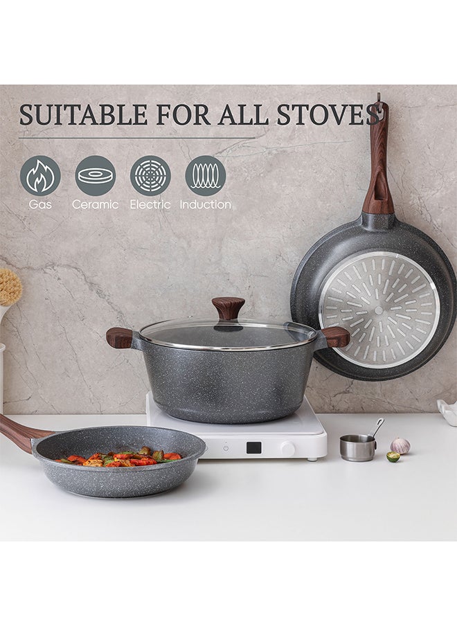 Sensarte - 8 Piece Swiss Granite Coating Cookware Set With Wooden Handles, Non-Stick, PFOA/PFOS/APEO Free, Dishwasher & Oven Safe, 1X24Cm Fry Pan, 1X 28Cm Fry Pan, 1X28Cm Casserole With Lid, 1X30Cm Deep Frying Pan With Lid, 1X20Cm Sauce Pan 20Cm With Lid, Black - Image 1