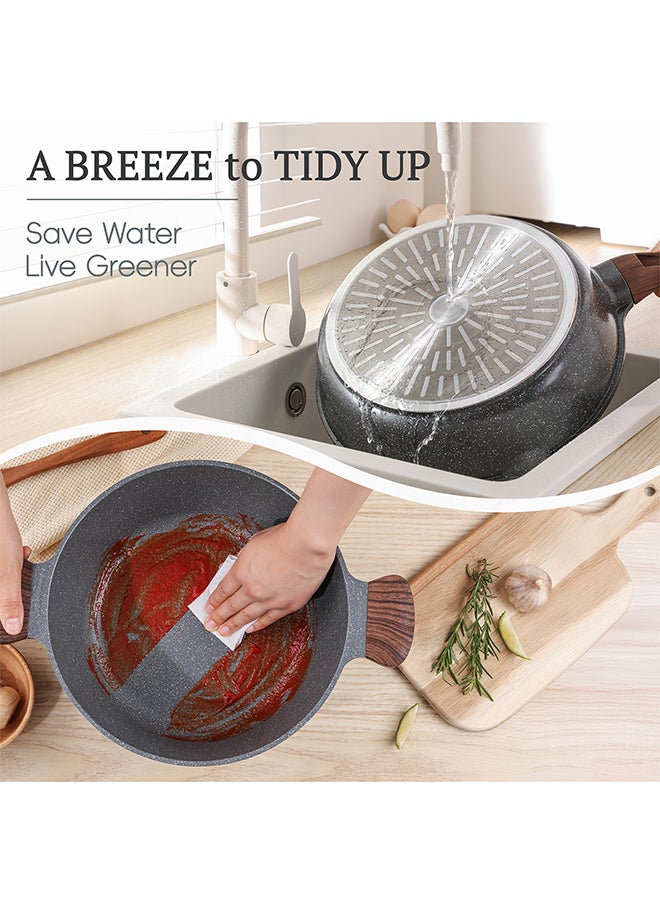 Sensarte - 8 Piece Swiss Granite Coating Cookware Set With Wooden Handles, Non-Stick, PFOA/PFOS/APEO Free, Dishwasher & Oven Safe, 1X24Cm Fry Pan, 1X 28Cm Fry Pan, 1X28Cm Casserole With Lid, 1X30Cm Deep Frying Pan With Lid, 1X20Cm Sauce Pan 20Cm With Lid, Black - Image 1