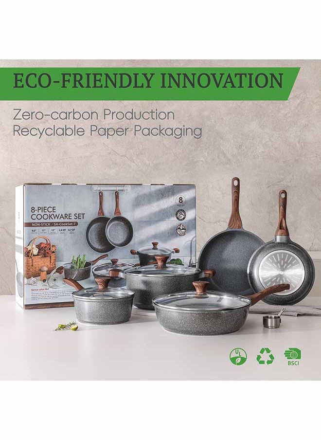 Sensarte - 8 Piece Swiss Granite Coating Cookware Set With Wooden Handles, Non-Stick, PFOA/PFOS/APEO Free, Dishwasher & Oven Safe, 1X24Cm Fry Pan, 1X 28Cm Fry Pan, 1X28Cm Casserole With Lid, 1X30Cm Deep Frying Pan With Lid, 1X20Cm Sauce Pan 20Cm With Lid, Black - Image 1