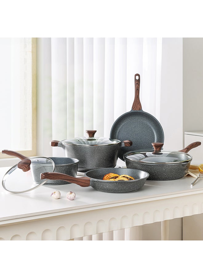 Sensarte - 8 Piece Swiss Granite Coating Cookware Set With Wooden Handles, Non-Stick, PFOA/PFOS/APEO Free, Dishwasher & Oven Safe, 1X24Cm Fry Pan, 1X 28Cm Fry Pan, 1X28Cm Casserole With Lid, 1X30Cm Deep Frying Pan With Lid, 1X20Cm Sauce Pan 20Cm With Lid, Black - Image 1