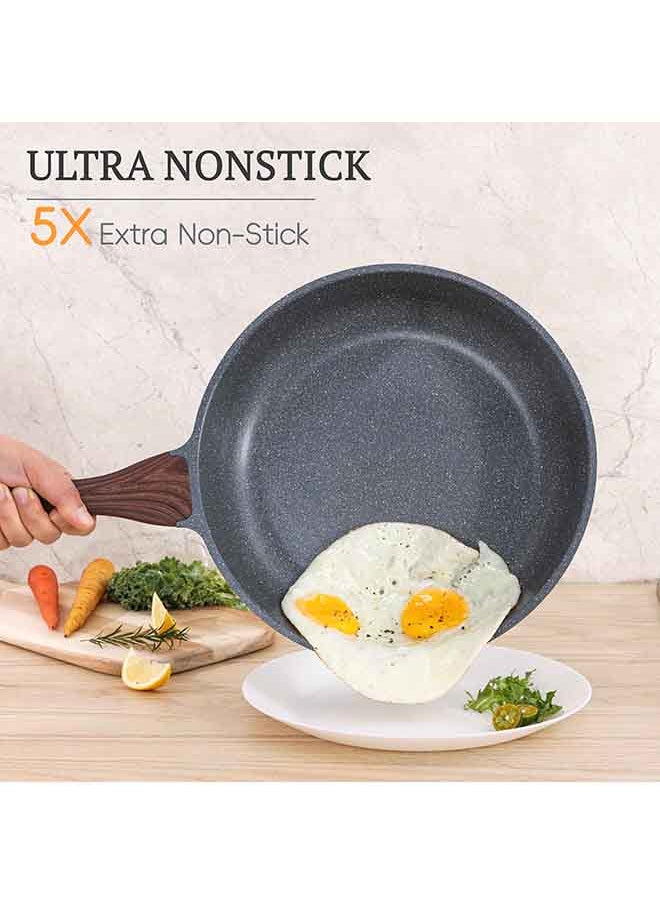 Sensarte - 8 Piece Swiss Granite Coating Cookware Set With Wooden Handles, Non-Stick, PFOA/PFOS/APEO Free, Dishwasher & Oven Safe, 1X24Cm Fry Pan, 1X 28Cm Fry Pan, 1X28Cm Casserole With Lid, 1X30Cm Deep Frying Pan With Lid, 1X20Cm Sauce Pan 20Cm With Lid, Black - Image 1