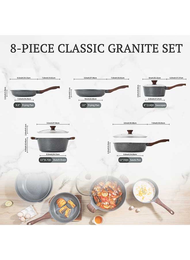 Sensarte - 8 Piece Swiss Granite Coating Cookware Set With Wooden Handles, Non-Stick, PFOA/PFOS/APEO Free, Dishwasher & Oven Safe, 1X24Cm Fry Pan, 1X 28Cm Fry Pan, 1X28Cm Casserole With Lid, 1X30Cm Deep Frying Pan With Lid, 1X20Cm Sauce Pan 20Cm With Lid, Black - Image 1
