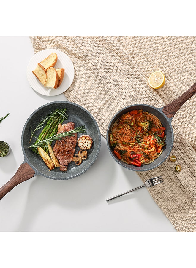 Sensarte - 8 Piece Swiss Granite Coating Cookware Set With Wooden Handles, Non-Stick, PFOA/PFOS/APEO Free, Dishwasher & Oven Safe, 1X24Cm Fry Pan, 1X 28Cm Fry Pan, 1X28Cm Casserole With Lid, 1X30Cm Deep Frying Pan With Lid, 1X20Cm Sauce Pan 20Cm With Lid, Black - Image 1