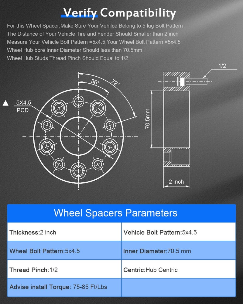 ECCPP 2PCS 5 لوج 50 مم 2" 5x114.3 إلى 5x114.3 فواصل العجلات المركزية 5x4.5 إلى 5x4.5 لفورد إيدج 2007-2013 | فورد تورس 2010-2014 | فورد موستانج 1979-2014 - Image 2