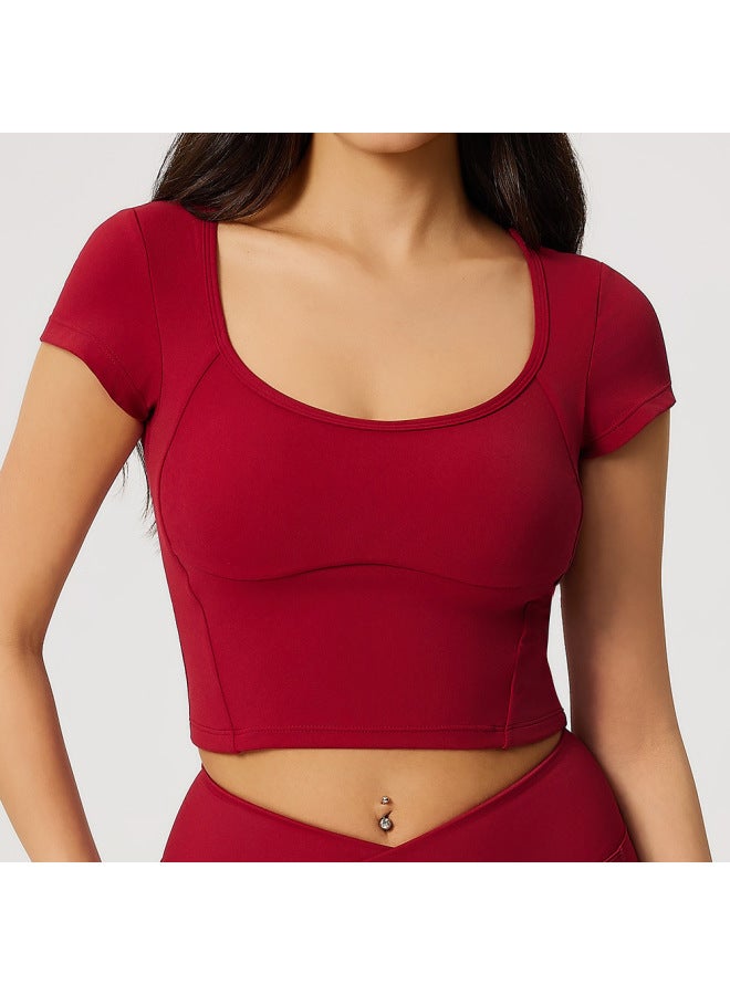 European And American Style Yoga Tops For Women, Short-sleeved With Chest Pads, Running Training, Pilates Sports Short T-shirts, Slimming Fitness Wear