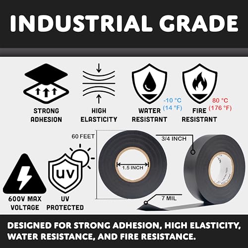 TradeGear شريط كهربائي من TradeGear (10 عبوة) أسود غير لامع - مقاوم للماء، مقاوم للاشتعال، لاصق قوي قائم على المطاط، معتمد من UL - مصنف لحد أقصى 600 فولت و 80 درجة مئوية - يقيس 60 قدم × 3/4 بوصة × 0.07 بوصة - Image 3